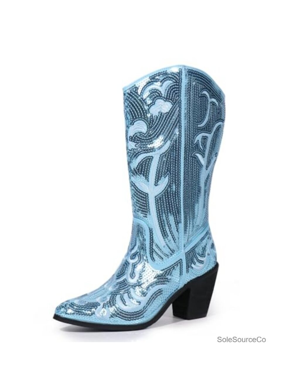 Sequin Mid Calf Western Cowboy Boots Wide Calf Zipper Pointed Toe